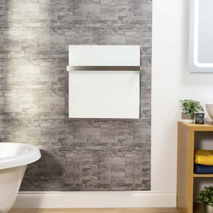 VCIR-G 400W TR szklany panel grzewczy na podczerwień, łazienkowy grzejnik promiennikowy z relingiem (ścienny), biały