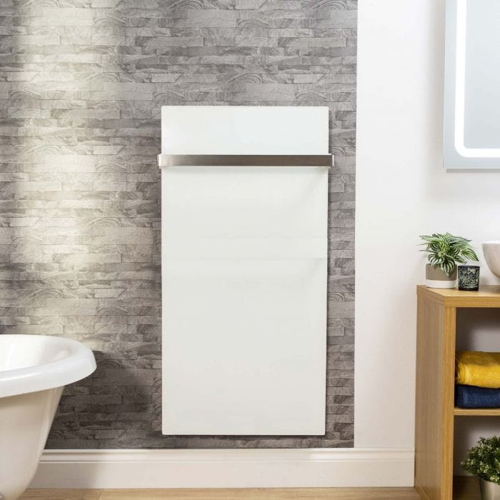 VCIR-G 800W TR szklany panel grzewczy na podczerwień, łazienkowy grzejnik promiennikowy z relingiem (ścienny), biały