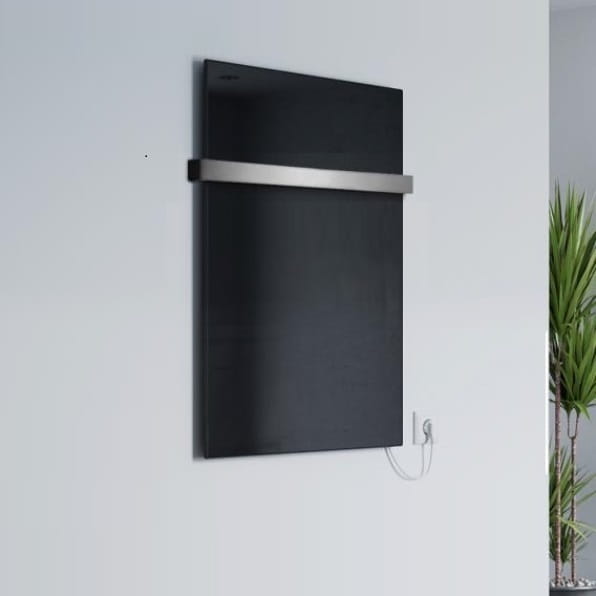 VCIR-G 600W TR szklany panel grzewczy na podczerwień, łazienkowy grzejnik promiennikowy z relingiem (ścienny), czarny