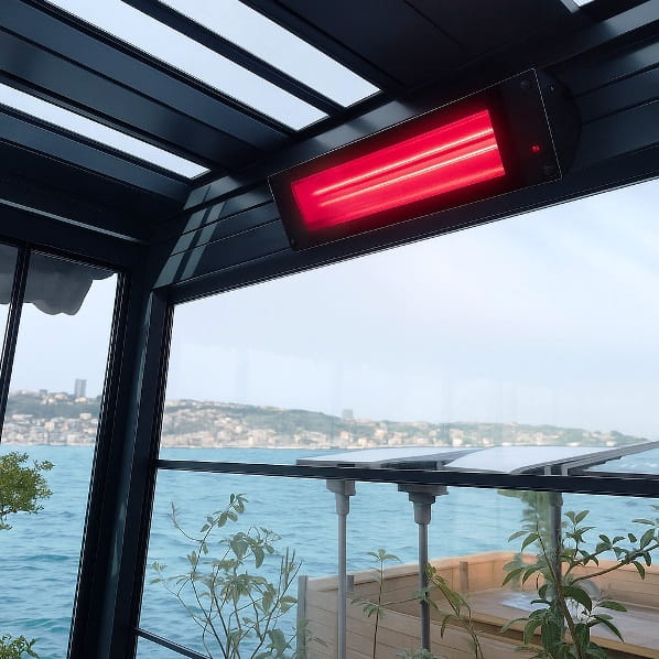 ELCON GLASS IR-2000 Promiennik ciepła podczerwieni, 2000W, szklany front, z regulacją mocy i pilotem (IP55, lampa: rosegold ULG)